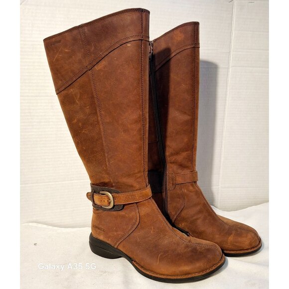 Merrell Brown Leather Knee-High Riding Boots With Side Zippers & Buckle Accents - Picture 1 of 10